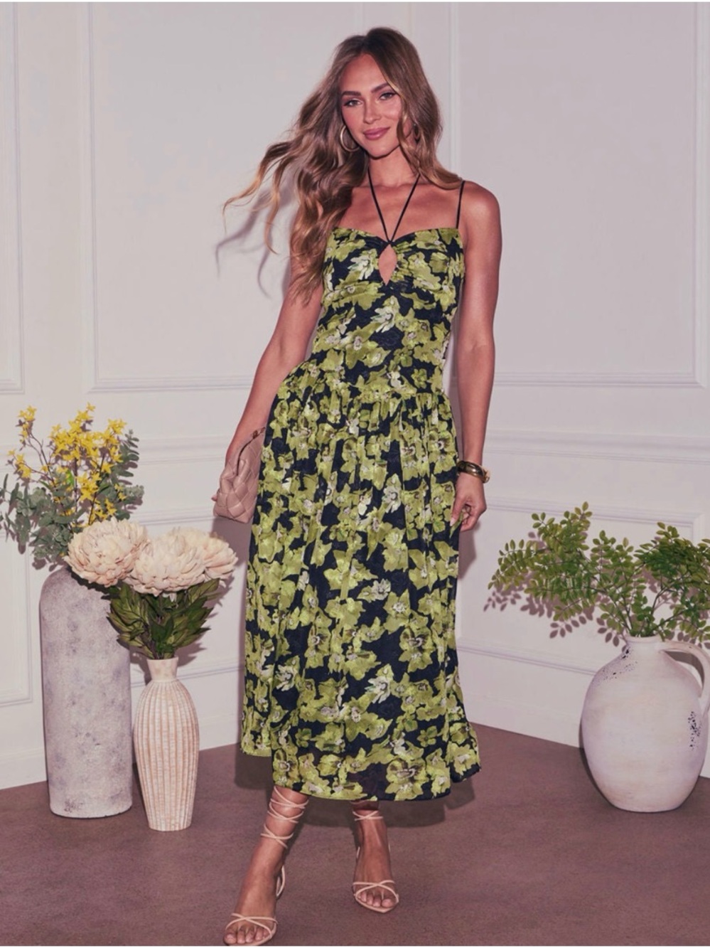 Vici Black & Olive Green Floral Tie-Front Midi Dress